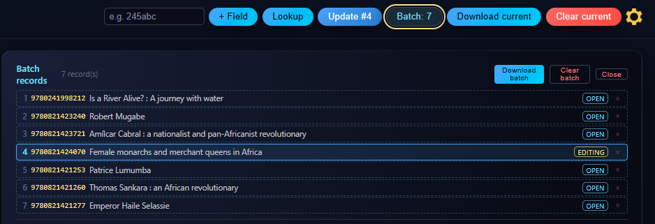 The batch panel listing seven records. Record 4 is highlighted and marked EDITING, and the header button reads Update #4.