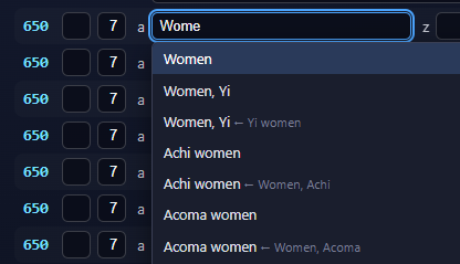 A 650 $a box containing Wome, with a dropdown of FAST headings such as Women and Women, Yi.