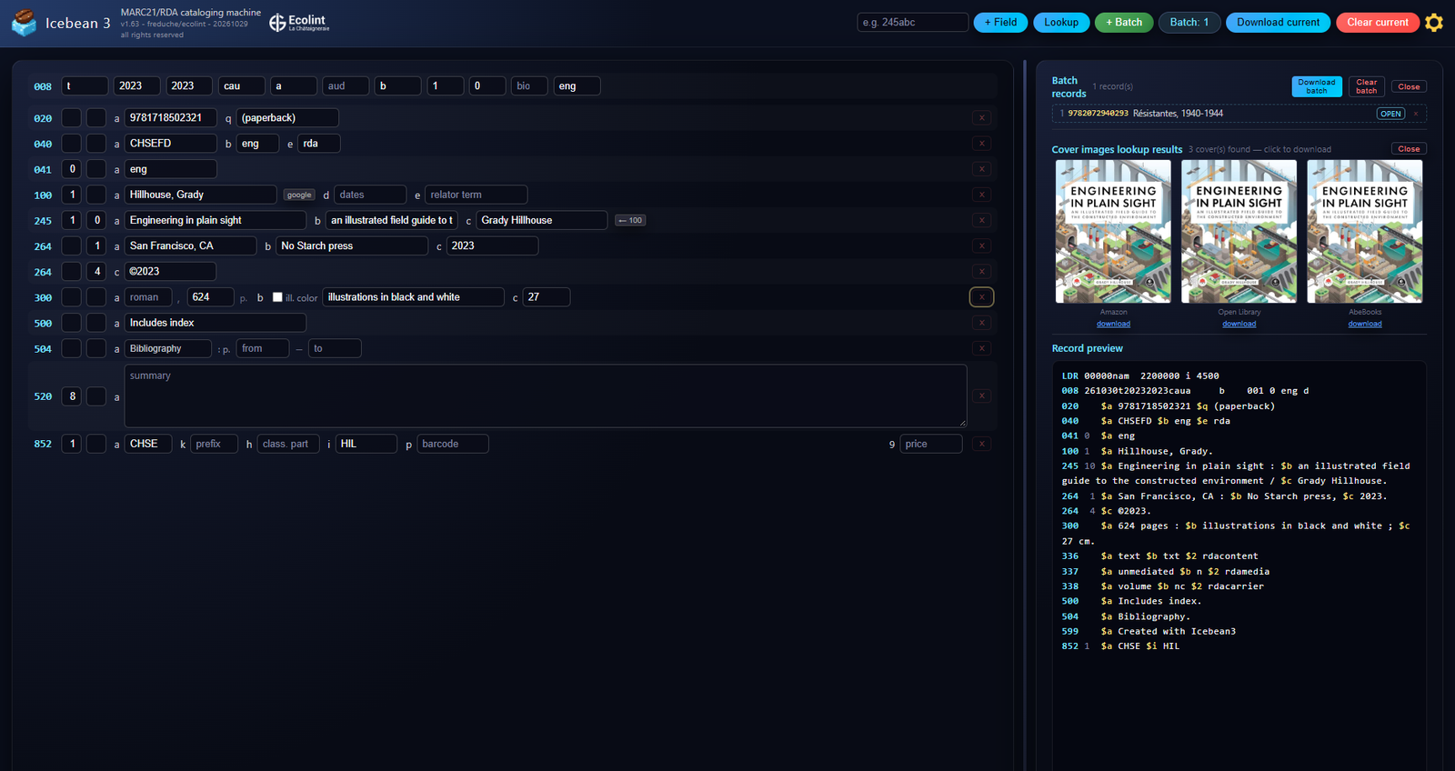 The Icebean 3 cataloging screen: header controls across the top, the MARC record being edited on the left, and batch, cover images, and the record preview on the right.