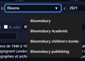 The 264 publisher box with a dropdown listing Bloomsbury, Bloomsbury Academic, Bloomsbury children's books, and Bloomsbury publishing.
