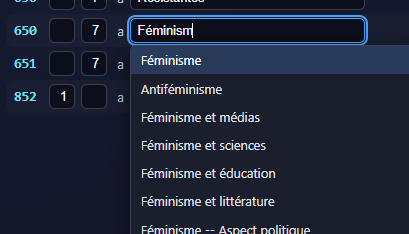 A 650 $a box containing Féminism, with a dropdown of French RAMEAU headings such as Féminisme and Féminisme et médias.