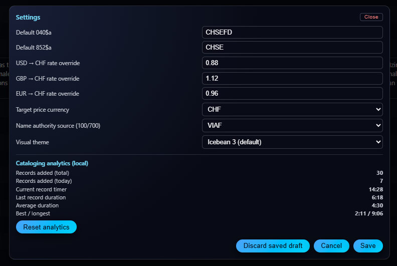 The Settings panel: default 040$a and 852$a, currency rate overrides, target currency CHF, name authority VIAF, theme Icebean 3, and local cataloging analytics.
