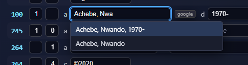 A 100 $a box containing Achebe, Nwa, with a dropdown offering Achebe, Nwando, 1970- and Achebe, Nwando, and a google button beside the box.